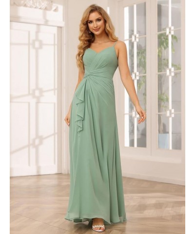 V-Neck Pleated Bridesmaid Dresses for Wedding with Pockets A-line Ruffles Long Chiffon Formal Party Dress with Slit RO056 Cor...