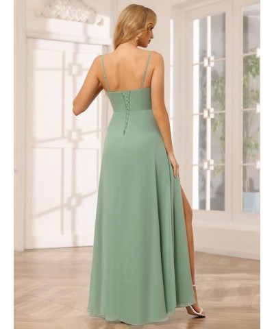 V-Neck Pleated Bridesmaid Dresses for Wedding with Pockets A-line Ruffles Long Chiffon Formal Party Dress with Slit RO056 Cor...