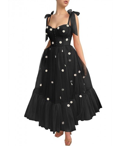 Sweetheart Tulle Prom Dresses Spaghetti Straps Daisy Flowers Ball Gown for Women Tea-Length Wedding Party Dress Black $41.65 ...