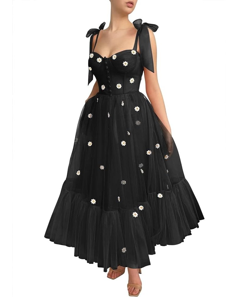 Sweetheart Tulle Prom Dresses Spaghetti Straps Daisy Flowers Ball Gown for Women Tea-Length Wedding Party Dress Black $41.65 ...