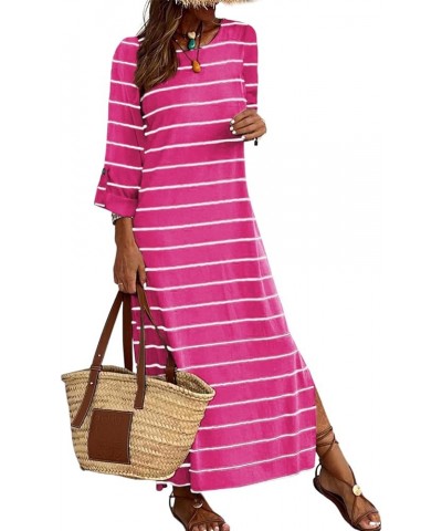 Womens Fall Rolled Up Sleeve Striped Blouse Long Dress Casual Beach Maxi T-Shirt Dresses Rose Red $19.02 Dresses