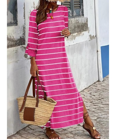 Womens Fall Rolled Up Sleeve Striped Blouse Long Dress Casual Beach Maxi T-Shirt Dresses Rose Red $19.02 Dresses