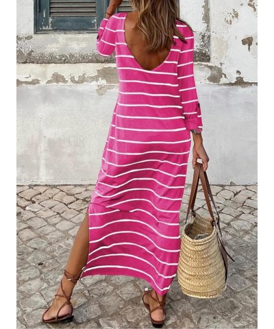 Womens Fall Rolled Up Sleeve Striped Blouse Long Dress Casual Beach Maxi T-Shirt Dresses Rose Red $19.02 Dresses