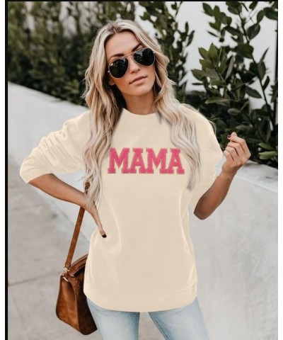 Mama Sweatshirt Womens Glitter Patch MAMA Shirt Mama Letter Print Long Sleeve Loose Fashion Pullover Top Apricot $14.20 Hoodi...