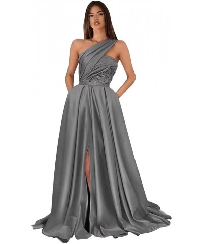 One Shoulder Prom Dresses for Women 2024 Long Slit Satin Ball Gown Formal Evening Gowns with Pockets Grey $38.22 Dresses