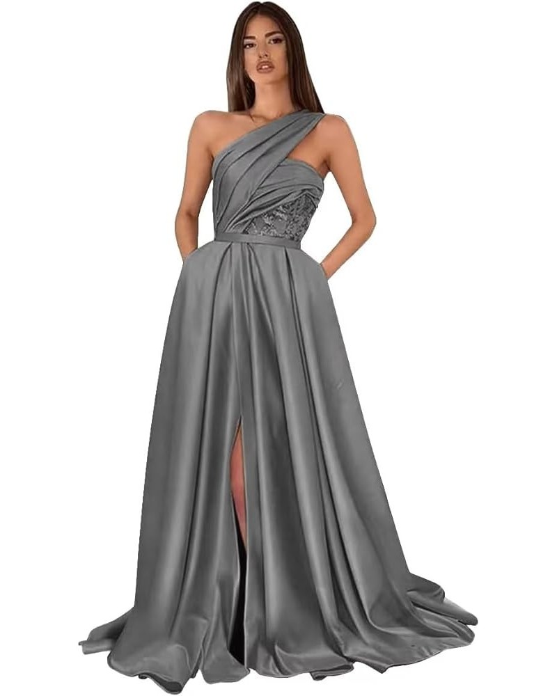 One Shoulder Prom Dresses for Women 2024 Long Slit Satin Ball Gown Formal Evening Gowns with Pockets Grey $38.22 Dresses