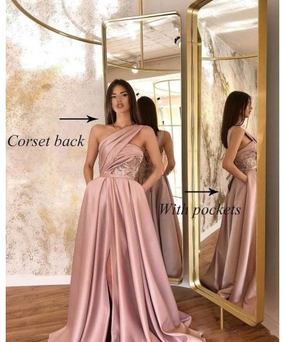 One Shoulder Prom Dresses for Women 2024 Long Slit Satin Ball Gown Formal Evening Gowns with Pockets Grey $38.22 Dresses