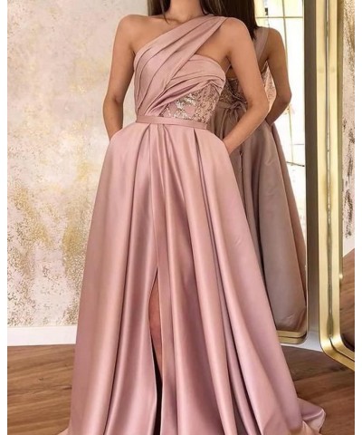 One Shoulder Prom Dresses for Women 2024 Long Slit Satin Ball Gown Formal Evening Gowns with Pockets Grey $38.22 Dresses