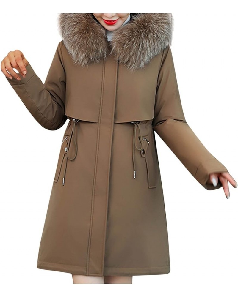 Womens Long down Coat Women's Warm Winter Coat Thicken Cotton Artificial -grass Trimmed Womens Lightweight Brown $39.04 Jackets