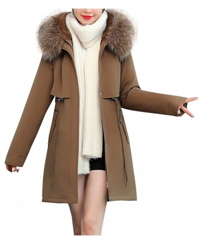 Womens Long down Coat Women's Warm Winter Coat Thicken Cotton Artificial -grass Trimmed Womens Lightweight Brown $39.04 Jackets