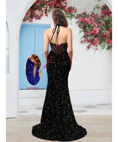 Sequin Halter Long Prom Dresses Corset Sparkly Mermaid Formal Party Gowns Beaded Sweetheart Evening Dress with Slit Black $41...