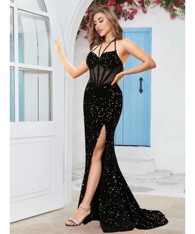 Sequin Halter Long Prom Dresses Corset Sparkly Mermaid Formal Party Gowns Beaded Sweetheart Evening Dress with Slit Black $41...