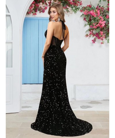 Sequin Halter Long Prom Dresses Corset Sparkly Mermaid Formal Party Gowns Beaded Sweetheart Evening Dress with Slit Black $41...