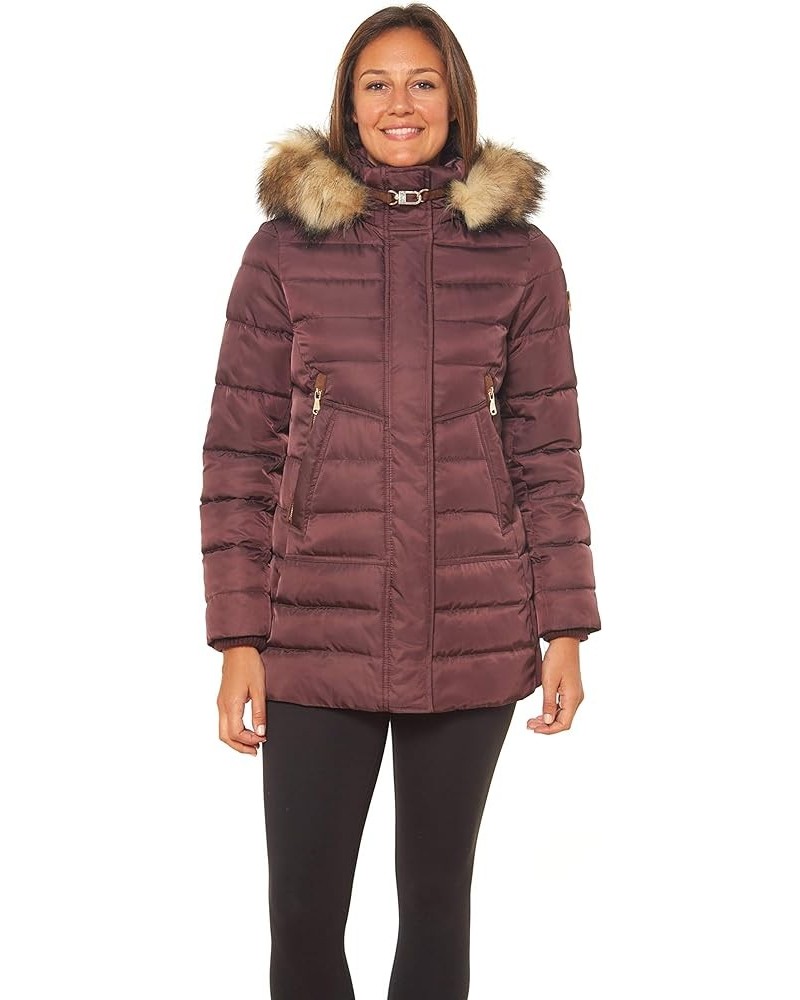 Women's Warm Winter Jacket with Faux Trimmed Hood Wine $58.43 Jackets