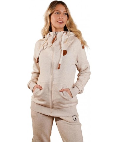 Women's Hera Terry Zip Hoodie Heather Oatmeal Hooded Neck Vegan Leather - Daily Wear Casual Soft Cotton Blend Heather Oatmeal...