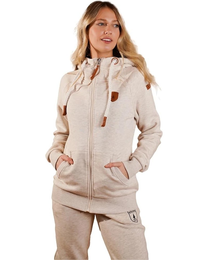 Women's Hera Terry Zip Hoodie Heather Oatmeal Hooded Neck Vegan Leather - Daily Wear Casual Soft Cotton Blend Heather Oatmeal...