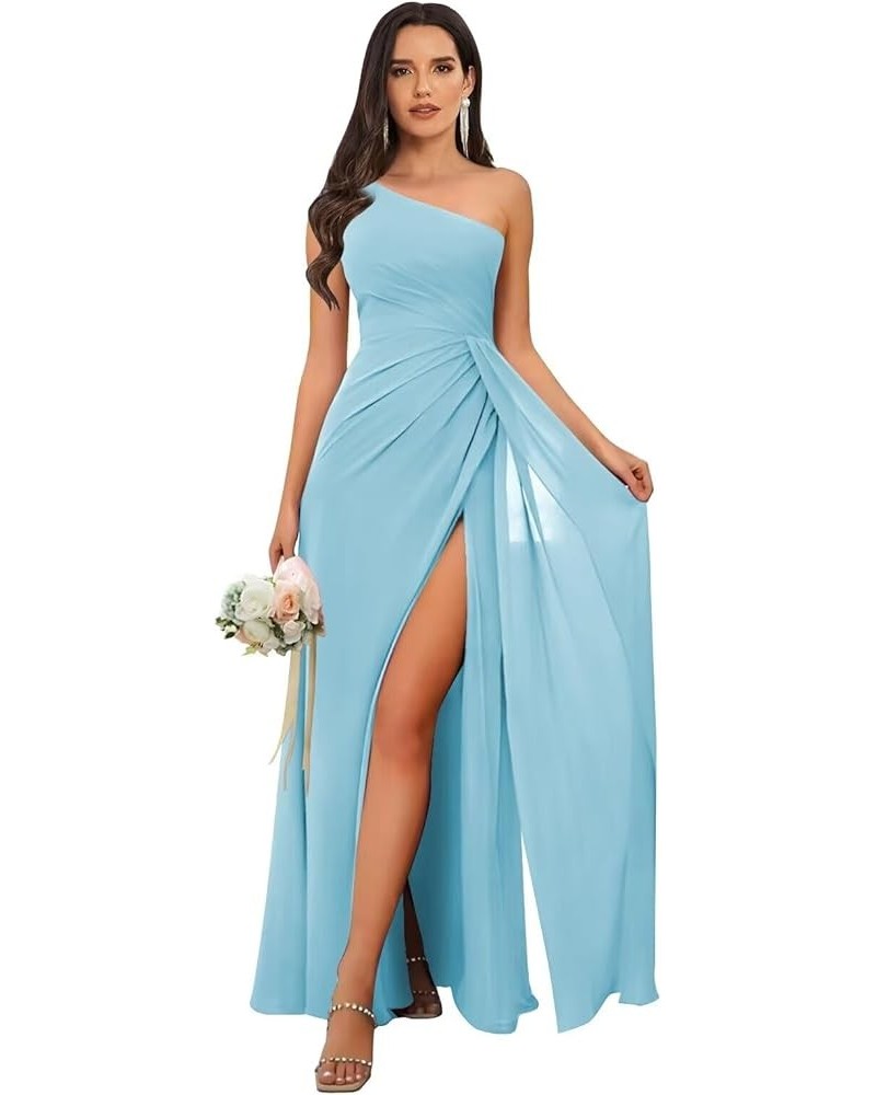 One Shoulder Bridesmaid Dresses for Wedding Chiffon Pleated Formal Evening Dress with Slit Light Blue $26.66 Dresses