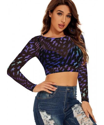 Women's Mesh Tops See Through Shirts Long Sleeve Bodycon Sheer Blouse Clubwear B Purpleblue Pentagram $10.07 Blouses