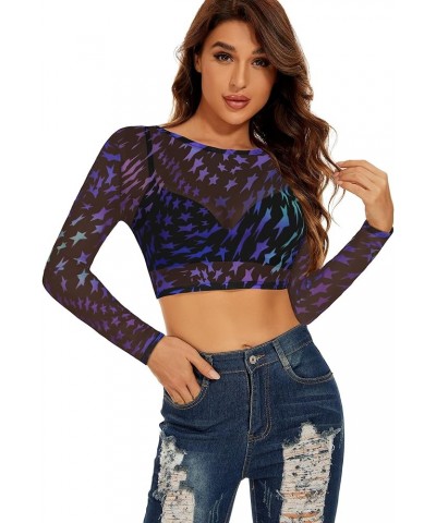 Women's Mesh Tops See Through Shirts Long Sleeve Bodycon Sheer Blouse Clubwear B Purpleblue Pentagram $10.07 Blouses