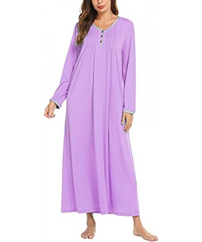 Women's Long Sleeve Nightgown Long Sleepshirts Henley Sleep Dress Full Length Sleepwear S-4XL A-a-purple $19.20 Sleep & Lounge