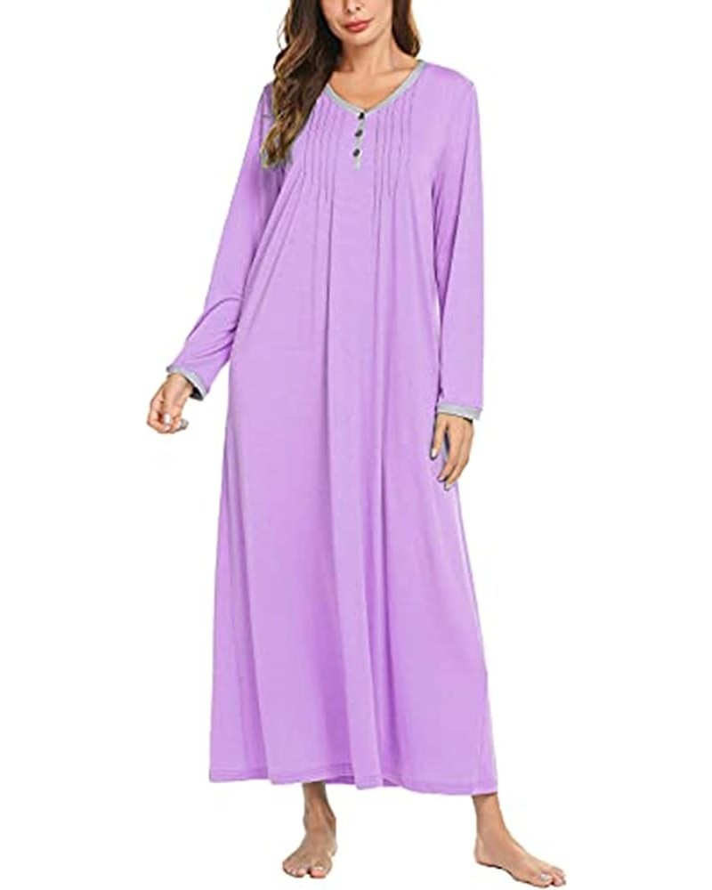 Women's Long Sleeve Nightgown Long Sleepshirts Henley Sleep Dress Full Length Sleepwear S-4XL A-a-purple $19.20 Sleep & Lounge