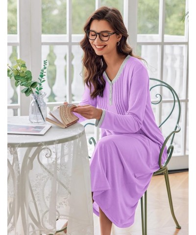 Women's Long Sleeve Nightgown Long Sleepshirts Henley Sleep Dress Full Length Sleepwear S-4XL A-a-purple $19.20 Sleep & Lounge