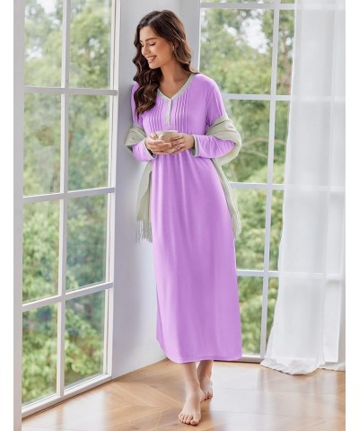 Women's Long Sleeve Nightgown Long Sleepshirts Henley Sleep Dress Full Length Sleepwear S-4XL A-a-purple $19.20 Sleep & Lounge