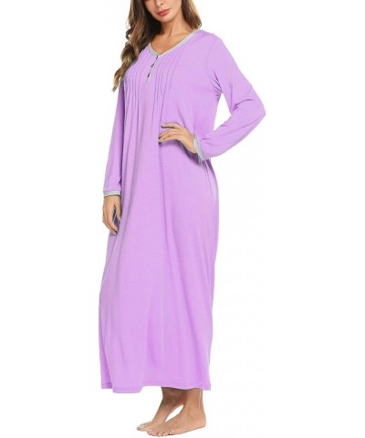 Women's Long Sleeve Nightgown Long Sleepshirts Henley Sleep Dress Full Length Sleepwear S-4XL A-a-purple $19.20 Sleep & Lounge