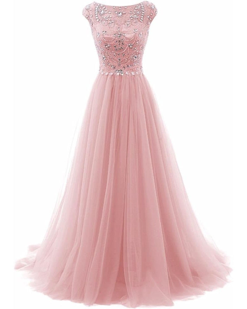 Women's Wedding Bridesmaid Dress Cap Sleeve Crystal Tulle Long Prom Dresses Pink $46.03 Dresses