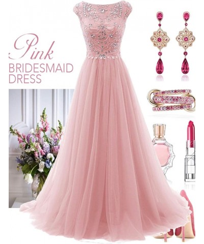 Women's Wedding Bridesmaid Dress Cap Sleeve Crystal Tulle Long Prom Dresses Pink $46.03 Dresses