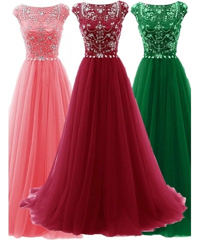 Women's Wedding Bridesmaid Dress Cap Sleeve Crystal Tulle Long Prom Dresses Pink $46.03 Dresses