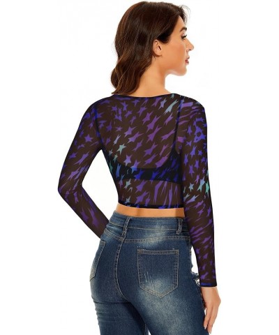 Women's Mesh Tops See Through Shirts Long Sleeve Bodycon Sheer Blouse Clubwear B Purpleblue Pentagram $10.07 Blouses