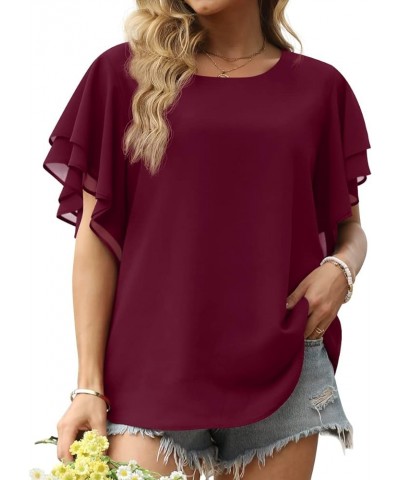 Summer Tops for Women Dressy Casual Flowy Chiffon Blouse Double Ruffle Short Sleeve 2022 03-wine Red $13.24 Blouses