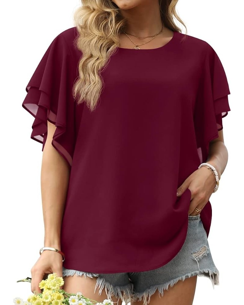 Summer Tops for Women Dressy Casual Flowy Chiffon Blouse Double Ruffle Short Sleeve 2022 03-wine Red $13.24 Blouses