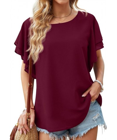 Summer Tops for Women Dressy Casual Flowy Chiffon Blouse Double Ruffle Short Sleeve 2022 03-wine Red $13.24 Blouses