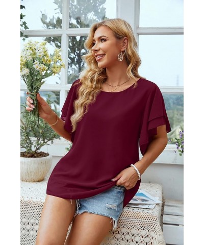 Summer Tops for Women Dressy Casual Flowy Chiffon Blouse Double Ruffle Short Sleeve 2022 03-wine Red $13.24 Blouses