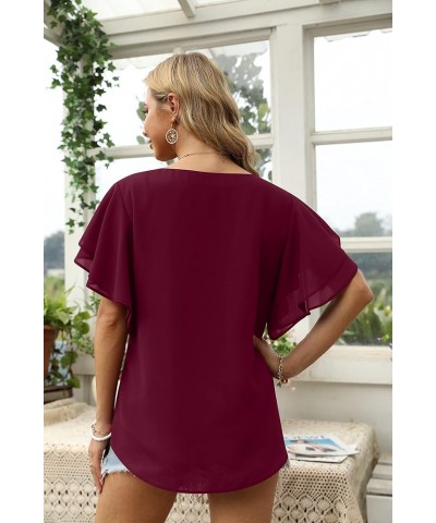 Summer Tops for Women Dressy Casual Flowy Chiffon Blouse Double Ruffle Short Sleeve 2022 03-wine Red $13.24 Blouses