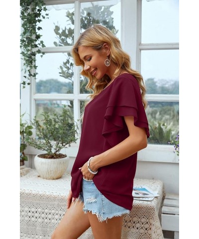 Summer Tops for Women Dressy Casual Flowy Chiffon Blouse Double Ruffle Short Sleeve 2022 03-wine Red $13.24 Blouses