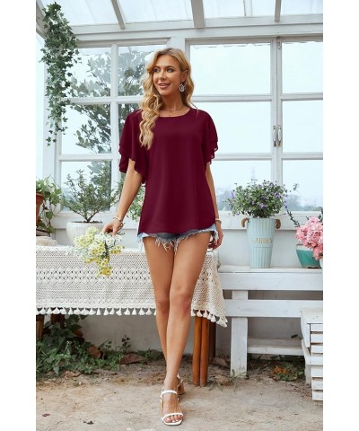 Summer Tops for Women Dressy Casual Flowy Chiffon Blouse Double Ruffle Short Sleeve 2022 03-wine Red $13.24 Blouses