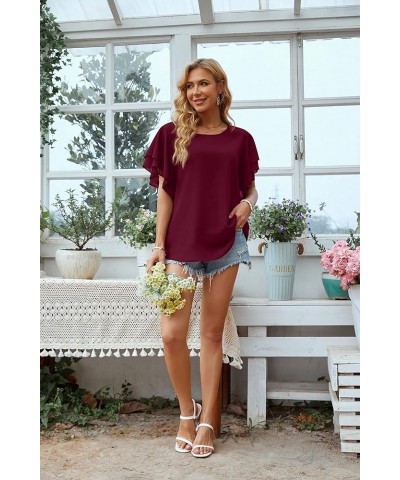 Summer Tops for Women Dressy Casual Flowy Chiffon Blouse Double Ruffle Short Sleeve 2022 03-wine Red $13.24 Blouses