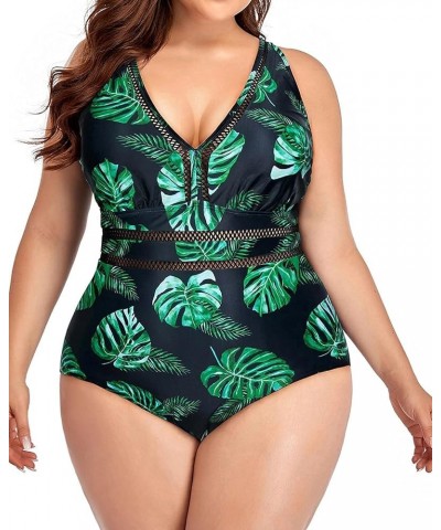 Women Plus Size One Piece Swimsuits Sexy V Neck Backless Bathing Suit Green Leaf $17.52 Swimsuits