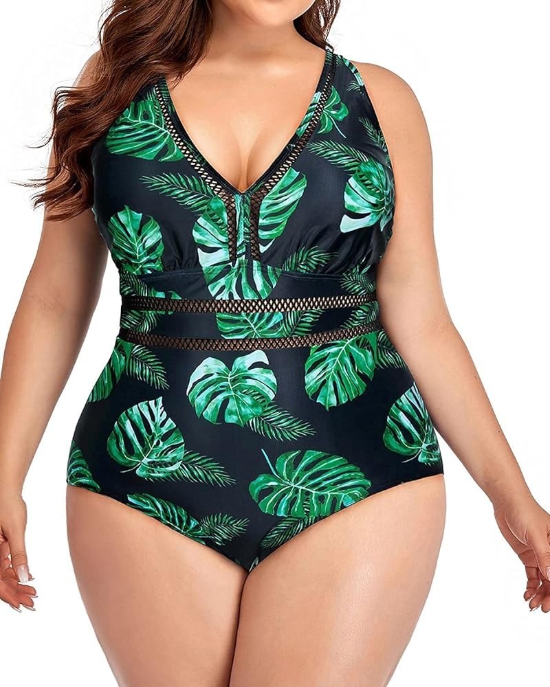 Women Plus Size One Piece Swimsuits Sexy V Neck Backless Bathing Suit Green Leaf $17.52 Swimsuits