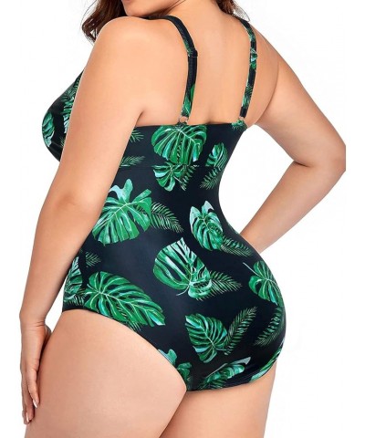 Women Plus Size One Piece Swimsuits Sexy V Neck Backless Bathing Suit Green Leaf $17.52 Swimsuits