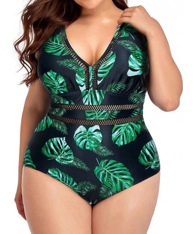 Women Plus Size One Piece Swimsuits Sexy V Neck Backless Bathing Suit Green Leaf $17.52 Swimsuits