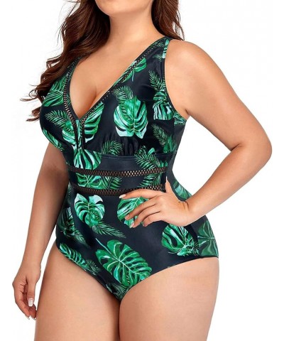 Women Plus Size One Piece Swimsuits Sexy V Neck Backless Bathing Suit Green Leaf $17.52 Swimsuits