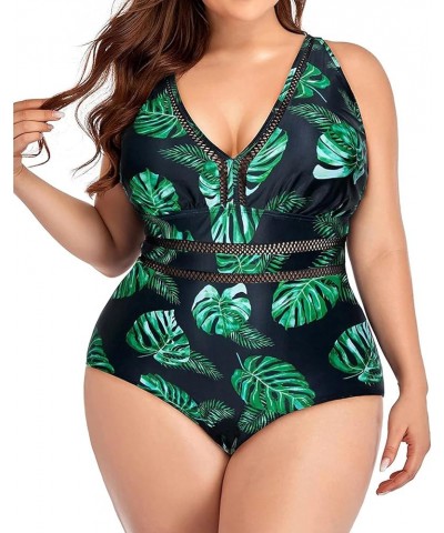 Women Plus Size One Piece Swimsuits Sexy V Neck Backless Bathing Suit Green Leaf $17.52 Swimsuits