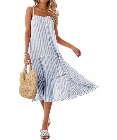 Women's Sleeveless Striped Dress Summer Spaghetti Strap Adjustable Loose Cami Beach Boho Flowy Swing Long Sundress Navy Blue ...