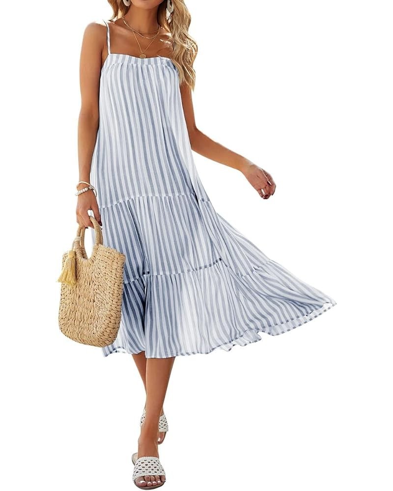 Women's Sleeveless Striped Dress Summer Spaghetti Strap Adjustable Loose Cami Beach Boho Flowy Swing Long Sundress Navy Blue ...