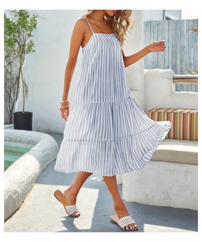 Women's Sleeveless Striped Dress Summer Spaghetti Strap Adjustable Loose Cami Beach Boho Flowy Swing Long Sundress Navy Blue ...