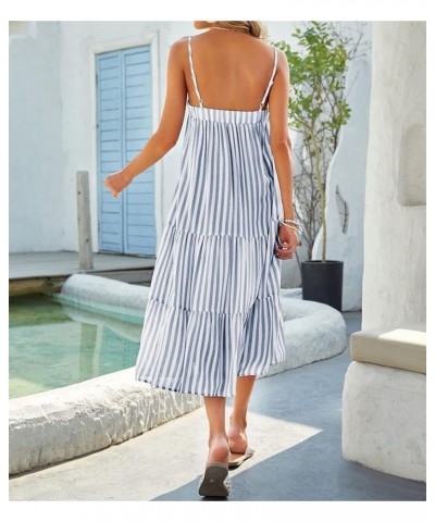 Women's Sleeveless Striped Dress Summer Spaghetti Strap Adjustable Loose Cami Beach Boho Flowy Swing Long Sundress Navy Blue ...